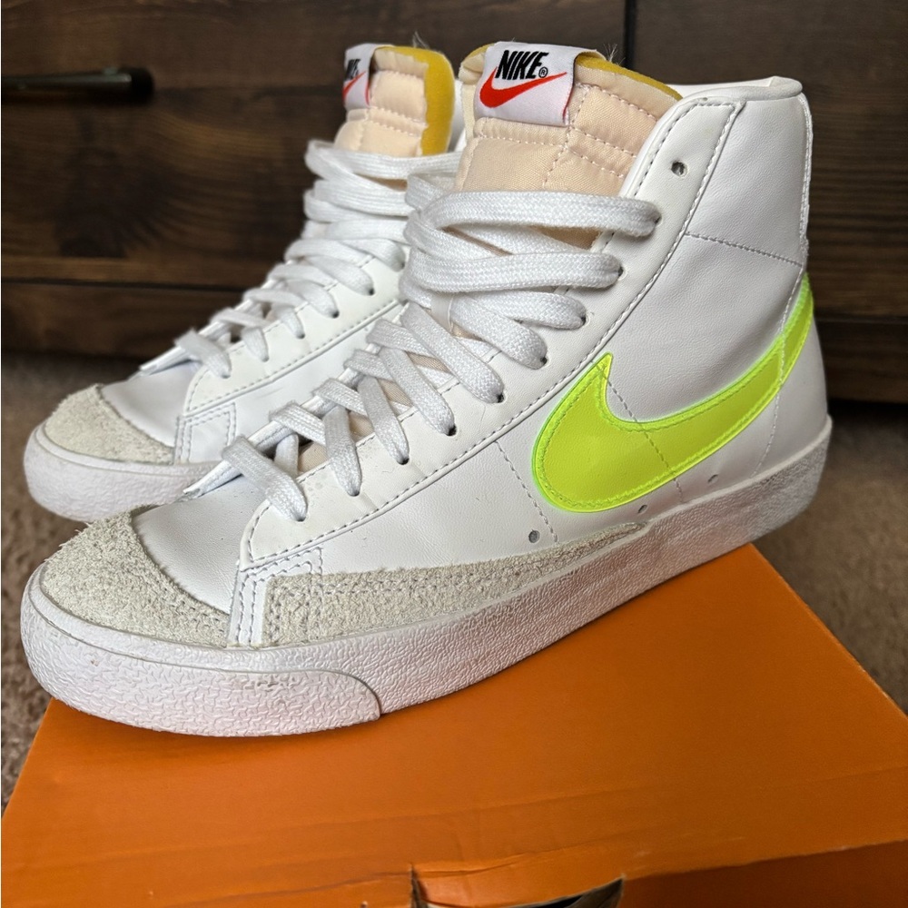 Nike White and Neon Green High-Top Sneakers